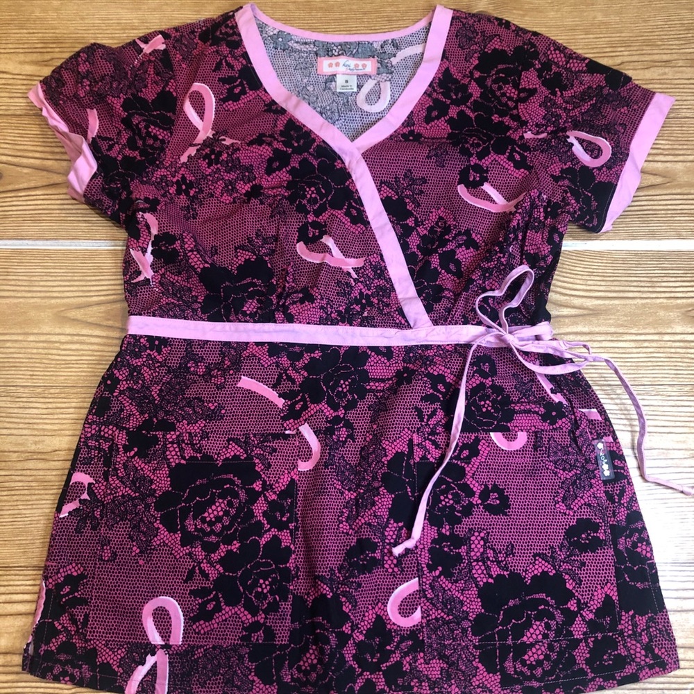 Small Koi mock wrap pink ribbon scrub top